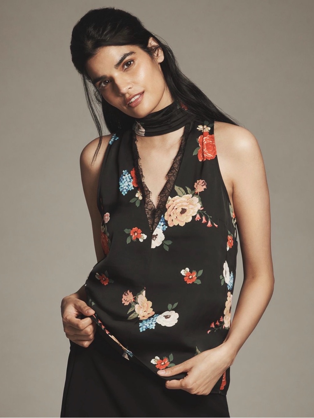 Anthropologie Black Floral Lace-Trim V-Neck Tank Top